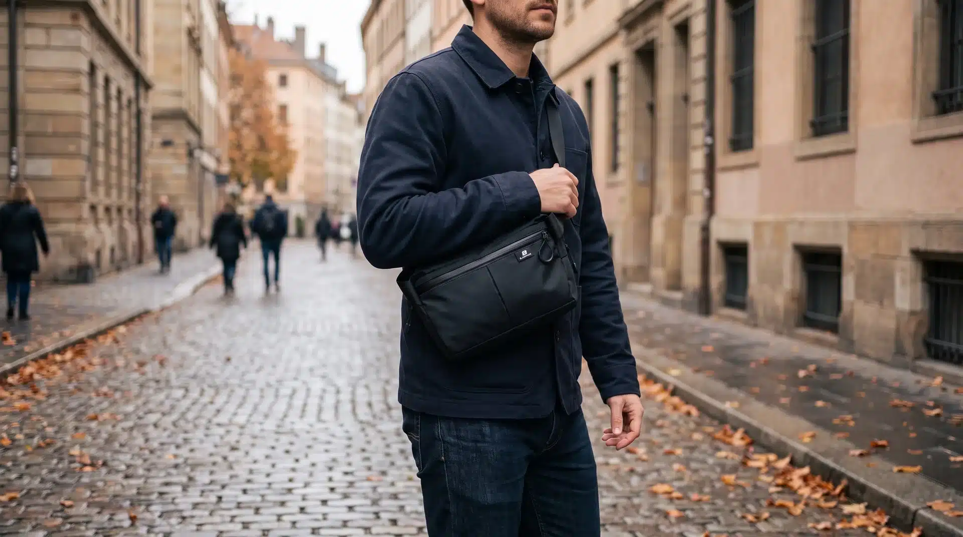 A man in the city with a compact Flex Bag worn crossbody—strap running diagonally across the chest