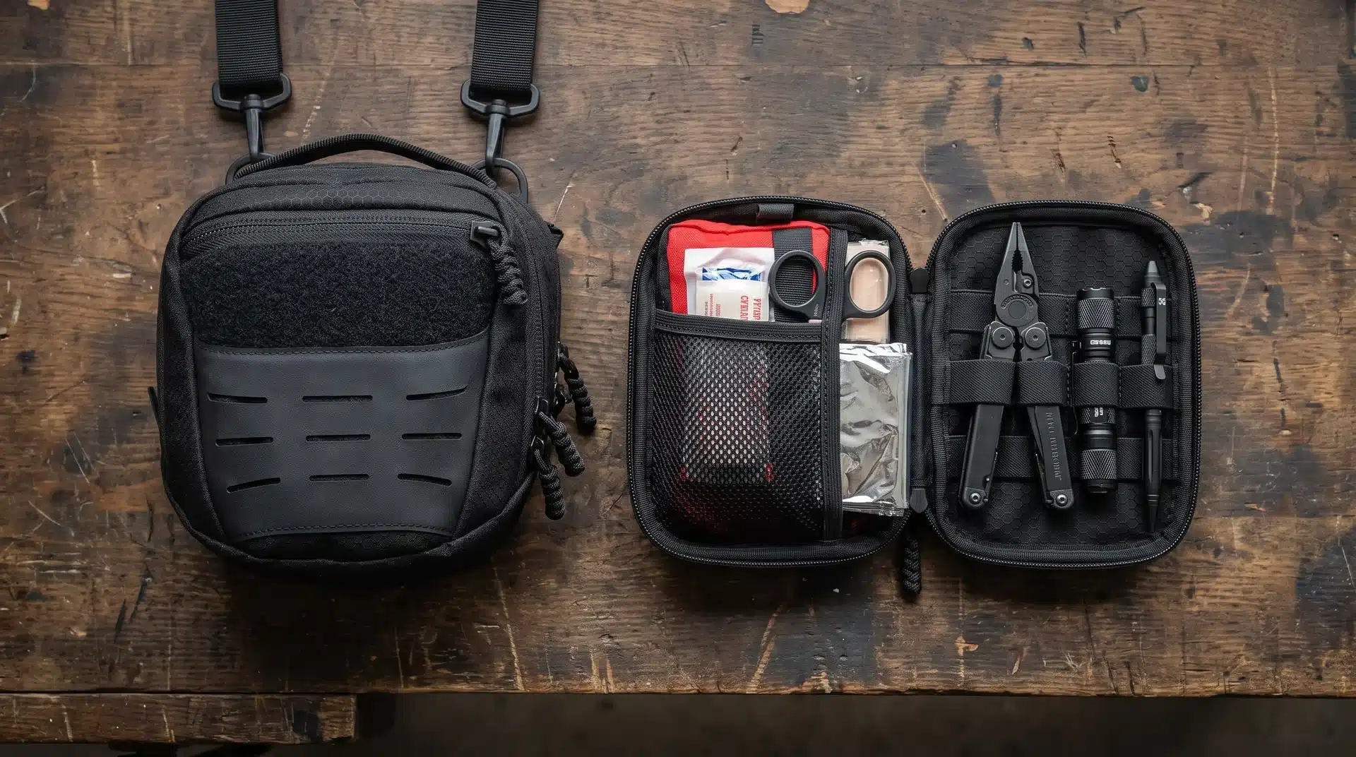 Сумка Every Day Bag 2 з MOLLE-панеллю і відкритий модуль з аптечкою, мультитулом і ліхтариком на дерев’яному столі