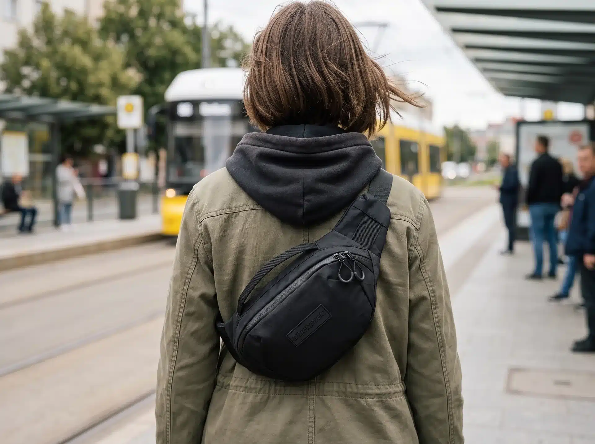 A girl at a tram stop with a City 3 bag, worn as a sling on her back